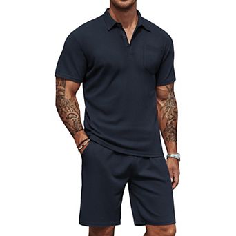 COOFANDY Men's Waffle Knit Polo Shirt and Shorts Set 2 pc Outfits Summer Suit Casual Tracksuit