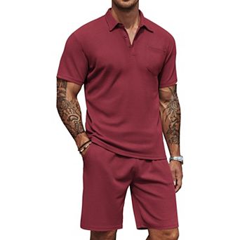 COOFANDY Men's Waffle Knit Polo Shirt and Shorts Set 2 pc Outfits Summer Suit Casual Tracksuit