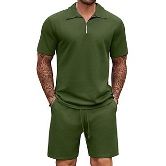 COOFANDY Mens Tracksuit Casual 2 pc Quarter Zip Polo Shirt and Shorts Set Athletic Jogging Sports