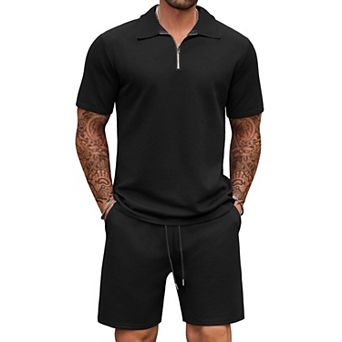 COOFANDY Mens Tracksuit Casual 2 pc Quarter Zip Polo Shirt and Shorts Set Athletic Jogging Sports
