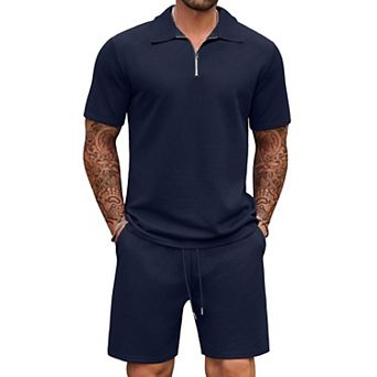 COOFANDY Mens Tracksuit Casual 2 pc Quarter Zip Polo Shirt and Shorts Set Athletic Jogging Sports