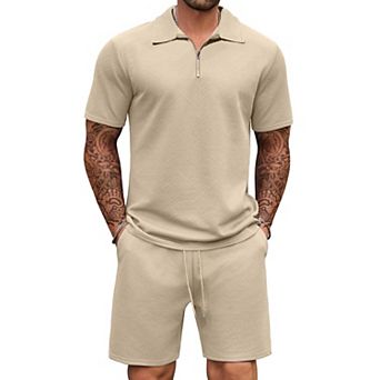 COOFANDY Mens Tracksuit Casual 2 pc Quarter Zip Polo Shirt and Shorts Set Athletic Jogging Sports