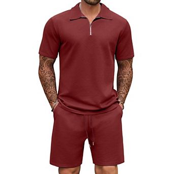 COOFANDY Mens Tracksuit Casual 2 pc Quarter Zip Polo Shirt and Shorts Set Athletic Jogging Sports