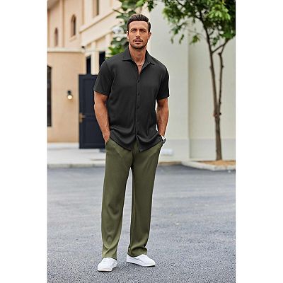 casual beach dress for men Mens Tan Embroidered Walking Suit Set  Short Sleeve Shirt and Pants Casual  Summer Outfit for Vacation, Beach in khaki Beige Color
