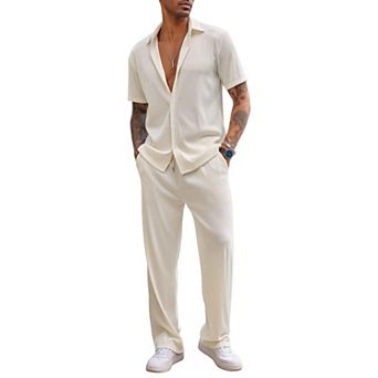 COOFANDY Men Sets Outfits 2 pc Beach Wedding Shirts Casual Loose Pants