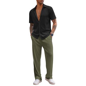 COOFANDY Men Sets Outfits 2 pc Beach Wedding Shirts Casual Loose Pants