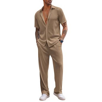 COOFANDY Men Sets Outfits 2 pc Beach Wedding Shirts Casual Loose Pants