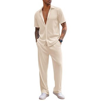 COOFANDY Men Sets Outfits 2 pc Beach Wedding Shirts Casual Loose Pants