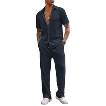 COOFANDY Men Sets Outfits 2 pc Beach Wedding Shirts Casual Loose Pants