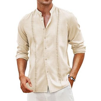 COOFANDY Men's Linen Shirts Long Sleeve Casual Button Down Shirts for Men Beach Hawaiian Shirt