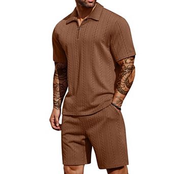 COOFANDY Men's Tracksuit 2 pc Polo Athletic Sweatsuit Zip Polo and Shorts Sets Sports Outfits