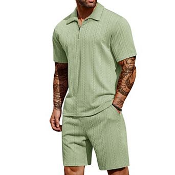 COOFANDY Men's Tracksuit 2 pc Polo Athletic Sweatsuit Zip Polo and Shorts Sets Sports Outfits