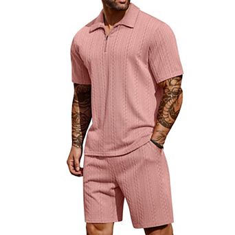 COOFANDY Men's Tracksuit 2 pc Polo Athletic Sweatsuit Zip Polo and Shorts Sets Sports Outfits
