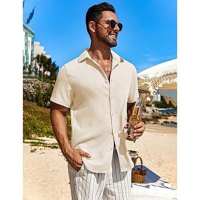 COOFANDY Men's Short Sleeve Button Down Casual Shirts Summer Beach Wedding Linen Textured Shirts