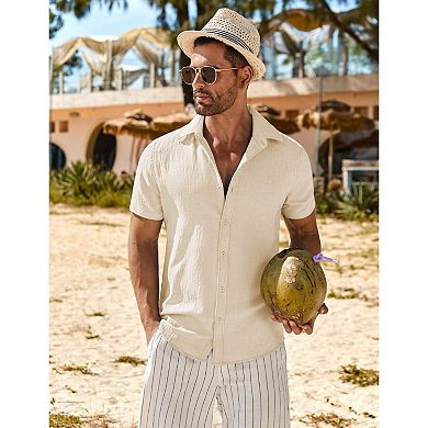 COOFANDY Men's Short Sleeve Button Down Casual Shirts Summer Beach Wedding Linen Textured Shirts