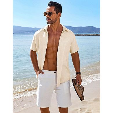 COOFANDY Men's Short Sleeve Button Down Casual Shirts Summer Beach Wedding Linen Textured Shirts