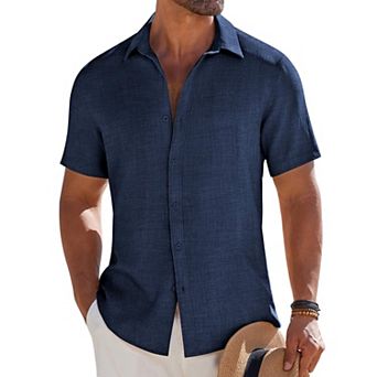 COOFANDY Men's Short Sleeve Button Down Casual Shirts Summer Beach Wedding Linen Textured Shirts