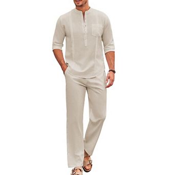 COOFANDY Men's 2 pc Cotton Linen Sets Casual Long Sleeve Henley Shirts Yoga Pants Set Outfits
