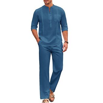 COOFANDY Men's 2 pc Cotton Linen Sets Casual Long Sleeve Henley Shirts Yoga Pants Set Outfits