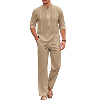 COOFANDY Men's 2 pc Cotton Linen Sets Casual Long Sleeve Henley Shirts Yoga Pants Set Outfits