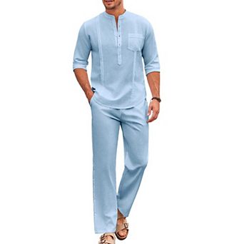 COOFANDY Men's 2 pc Cotton Linen Sets Casual Long Sleeve Henley Shirts Yoga Pants Set Outfits