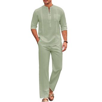 COOFANDY Men's 2 pc Cotton Linen Sets Casual Long Sleeve Henley Shirts Yoga Pants Set Outfits