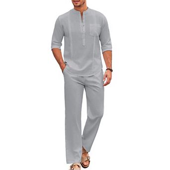 COOFANDY Men's 2 pc Cotton Linen Sets Casual Long Sleeve Henley Shirts Yoga Pants Set Outfits