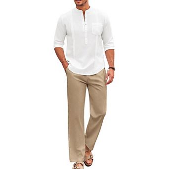 COOFANDY Men's 2 pc Cotton Linen Sets Casual Long Sleeve Henley Shirts Yoga Pants Set Outfits