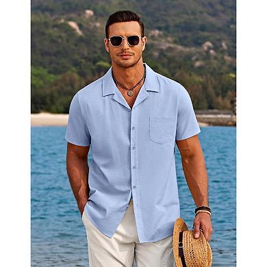 COOFANDY Mens Beach Shirts Casual Short Sleev Linen Button Up Shirts Vacation Tropical Shirts