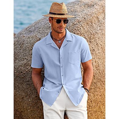 COOFANDY Mens Beach Shirts Casual Short Sleev Linen Button Up Shirts Vacation Tropical Shirts