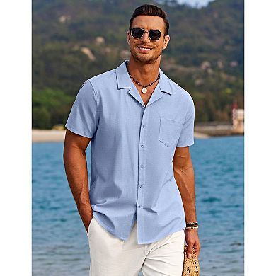 COOFANDY Mens Beach Shirts Casual Short Sleev Linen Button Up Shirts Vacation Tropical Shirts