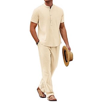 COOFANDY Men Linen Sets Outfits 2 pc Casual Henley Shirts Casual Yoga Pants Set Beach Outfit