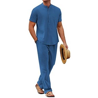 COOFANDY Men Linen Sets Outfits 2 pc Casual Henley Shirts Casual Yoga Pants Set Beach Outfit