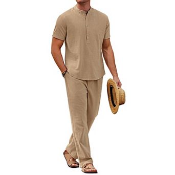 COOFANDY Men Linen Sets Outfits 2 pc Casual Henley Shirts Casual Yoga Pants Set Beach Outfit