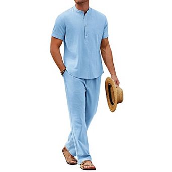 COOFANDY Men Linen Sets Outfits 2 pc Casual Henley Shirts Casual Yoga Pants Set Beach Outfit