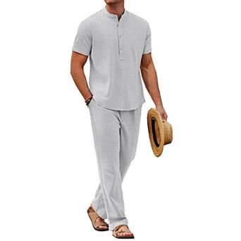 COOFANDY Men Linen Sets Outfits 2 pc Casual Henley Shirts Casual Yoga Pants Set Beach Outfit