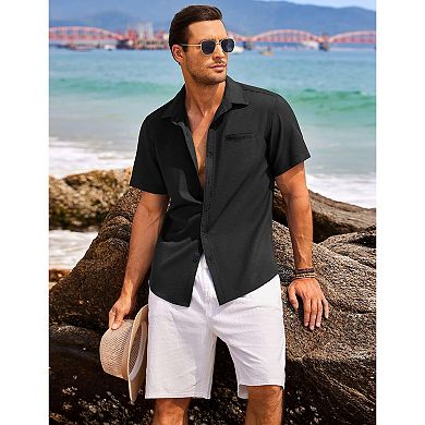 COOFANDY Mens Linen Button Down Shirts Short Sleeve Tropical Shirts Summer Beach Shirts for Men