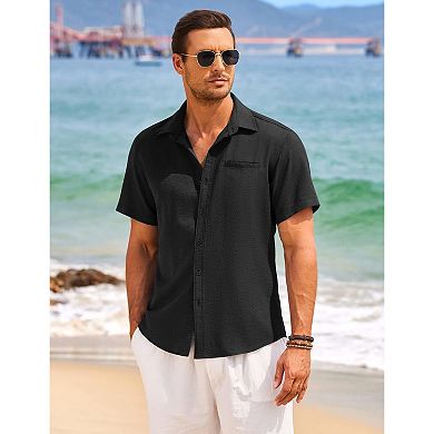 COOFANDY Mens Linen Button Down Shirts Short Sleeve Tropical Shirts Summer Beach Shirts for Men