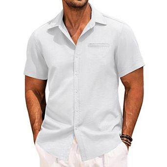 COOFANDY Mens Linen Button Down Shirts Short Sleeve Tropical Shirts Summer Beach Shirts for Men