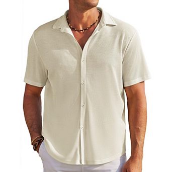 COOFANDY Men's Casual Button Down Shirts Short Sleeve Wrinkle Free Waffle Knit Shirts