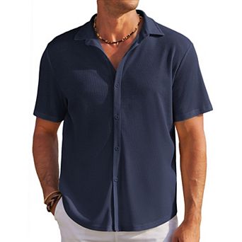 COOFANDY Men's Casual Button Down Shirts Short Sleeve Wrinkle Free Waffle Knit Shirts