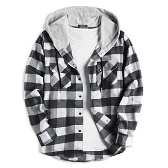 COOFANDY Men's Shirt Jacket Flannel Hooded Plaid Long Sleeve Button-Down Casual Shirts