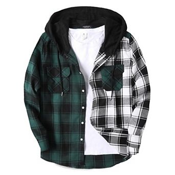 COOFANDY Men's Shirt Jacket Flannel Hooded Plaid Long Sleeve Button-Down Casual Shirts