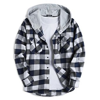COOFANDY Men's Shirt Jacket Flannel Hooded Plaid Long Sleeve Button-Down Casual Shirts
