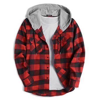 COOFANDY Men's Shirt Jacket Flannel Hooded Plaid Long Sleeve Button-Down Casual Shirts