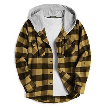 COOFANDY Men's Shirt Jacket Flannel Hooded Plaid Long Sleeve Button-Down Casual Shirts
