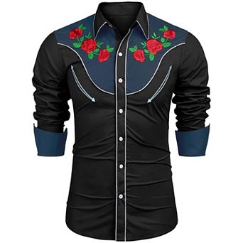 COOFANDY Mens Shirts Floral Embroidered Western Cowboy Shirt Cotton Casual Button Down Work Shirts