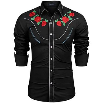 COOFANDY Mens Shirts Floral Embroidered Western Cowboy Shirt Cotton Casual Button Down Work Shirts