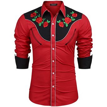 COOFANDY Mens Shirts Floral Embroidered Western Cowboy Shirt Cotton Casual Button Down Work Shirts