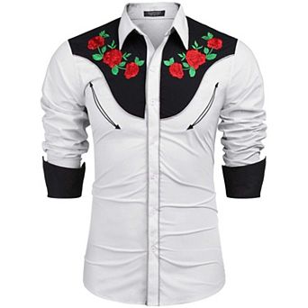 COOFANDY Mens Shirts Floral Embroidered Western Cowboy Shirt Cotton Casual Button Down Work Shirts